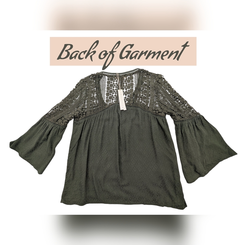 NWT LOVESTITCH Olive Green Sahara Mixed Lace Top Sz Small Rayon Flowy Boho Chic - Picture 10 of 17